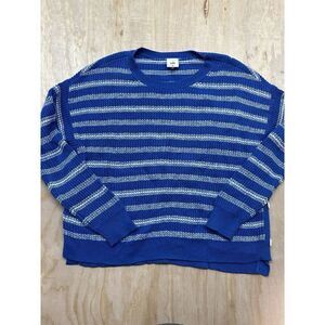 CAbi Womens Pullover Sweater M Blue‎ Striped Oversized Knit Buttons Slouchy 6165